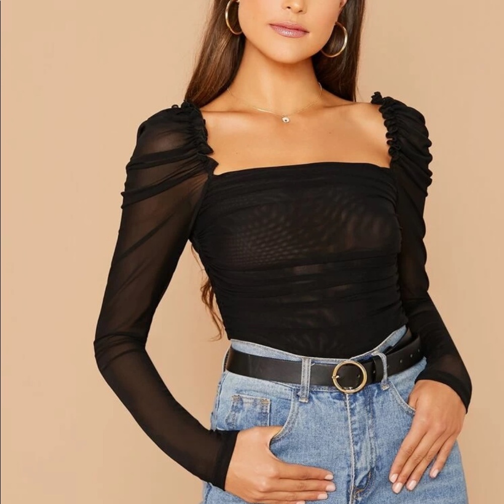 Frill trim ruched mesh top